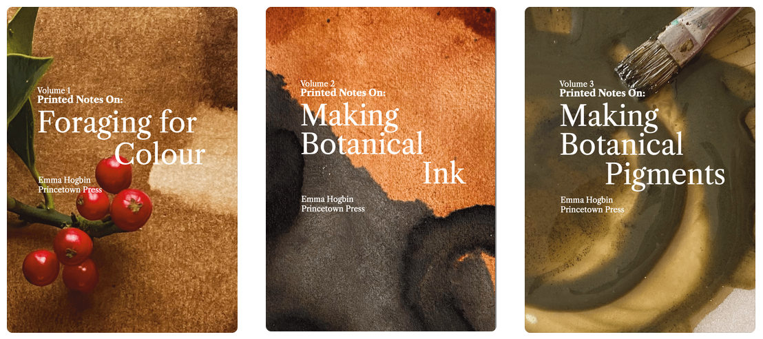 The complete Printed Notes On: series — three booklets on foraging, ink, and pigment making